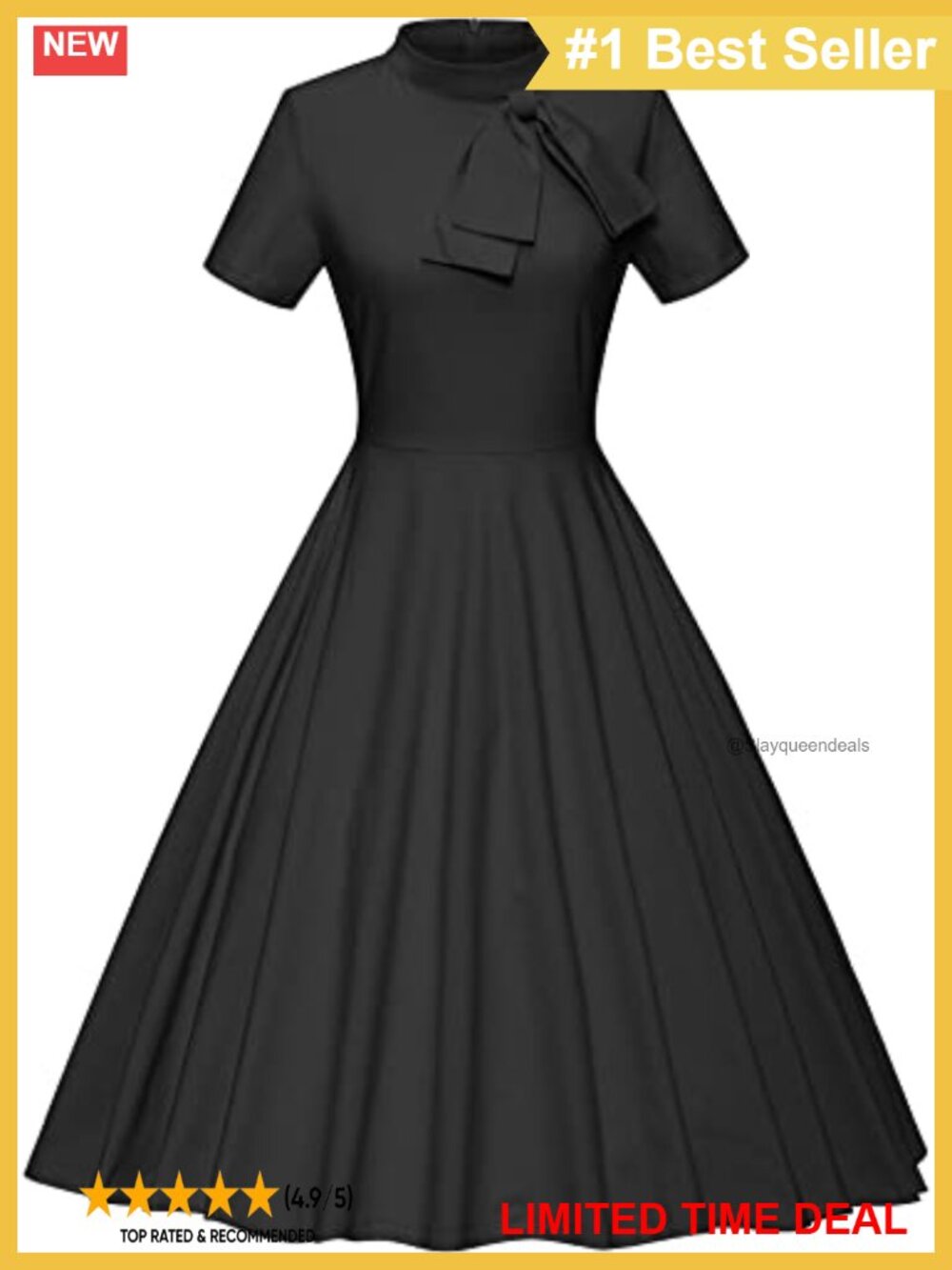 1950s Vintage Fit & Flare Swing Dress Bow High Neck Pockets Retro Party